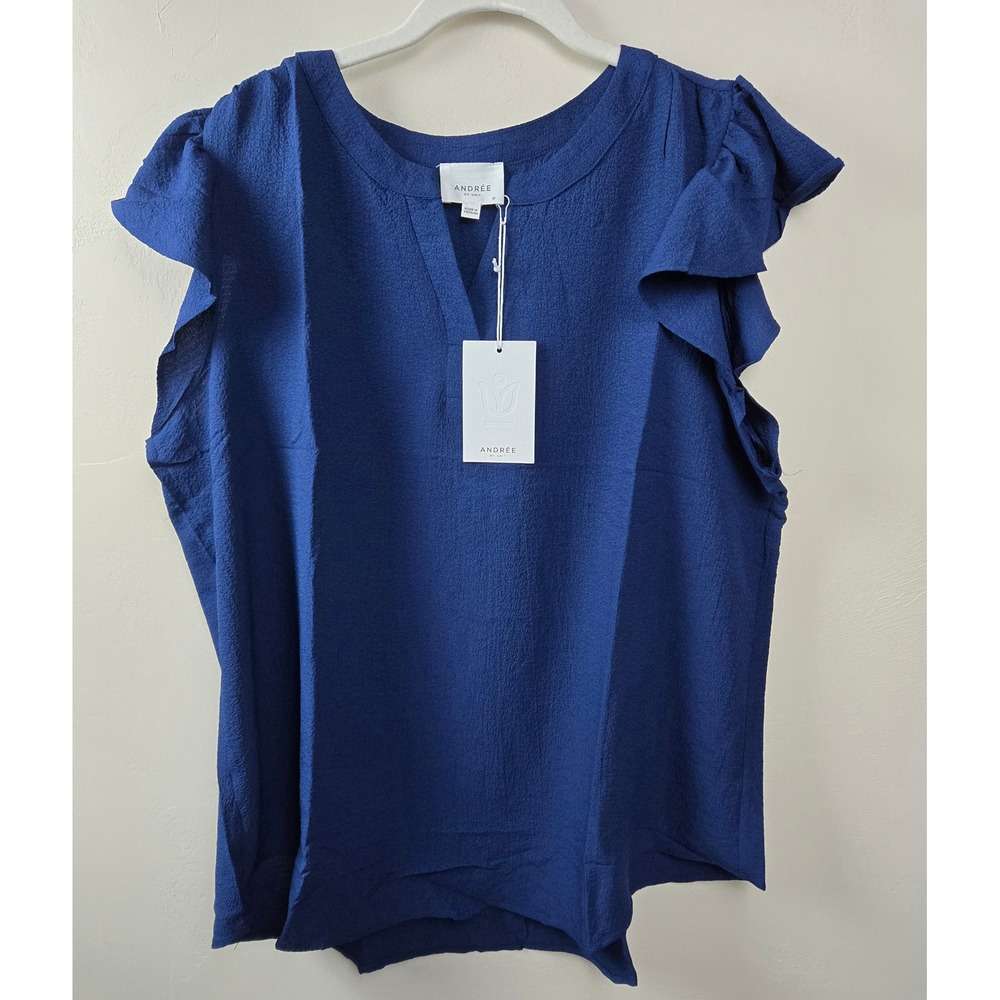 Andree by Unit Royal Blue Ruffle Sleeve Split V-Neck Blouse Top 3X MHS15P NEW